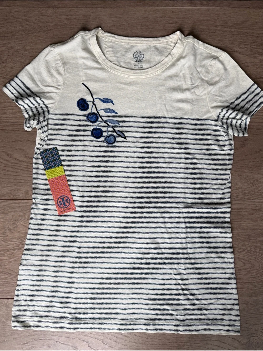 Tory Burch Cream Short-Sleeve Tee with Blue Botanical Print